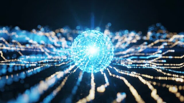Neural network glowing nodes forming abstract 3d data sphere with bright light dynamic connection patterns in digital space