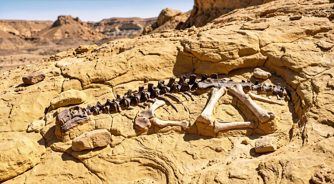Fossilized dinosaur skeleton exposed in golden sandstone. Prehistoric dark bones in a dry sunlit desert landscape