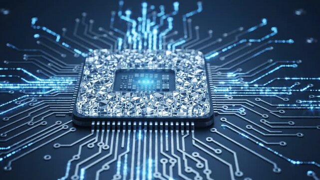 Neural network data nodes abstract microchip glowing blue circuit lines dark background creating digital flow futuristic