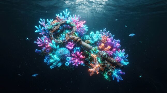 Old rusty key covered in colorful coral reef underwater