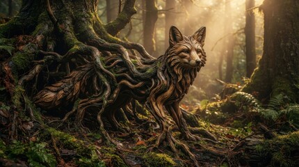 Fototapeta premium Fox sculpture made of tree roots in a forest