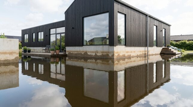 Modern black house in a flooded area. Real estate in flood zone with water reflection