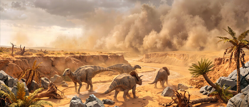 Prehistoric dinosaurs fleeing a massive dust storm. Triceratops and Hadrosaurs running through a dry ravine during a dinosaur era catastrophe
