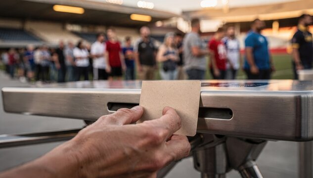 Closeup on a hand inserting a paper entry pass into the turnstile reader with the line of waiting spectators softly blurred behind.