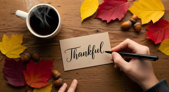 Person Writing on a Thankful Note Card for Thanksgiving