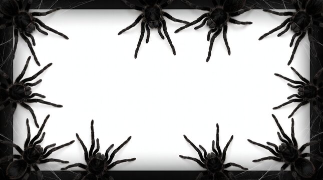 Halloween Frame Border with Crawling Black Tarantula Spiders and White Copy Space