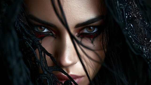 haunting gaze of a beautiful witch, beautiful witch with a mysterious haunting gaze, mystical portrait of a bewitching witch