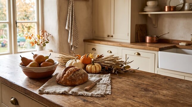 Thanksgiving background: A charming rustic kitchen still life displays an array of fresh fruits vegetables and a loaf of bread arranged on a wooden countertop near a