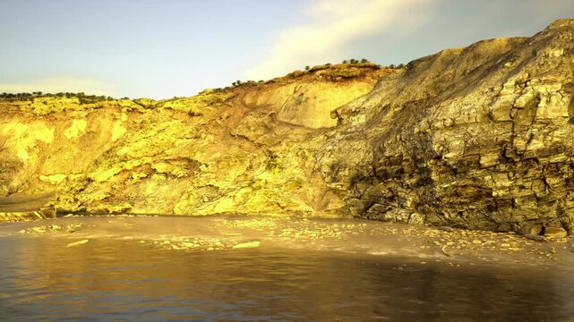 rough rocky shoreline with detailed textures and tidal pools, warm light enhancing mineral tones, tactile composition suited for backgrounds and patterns