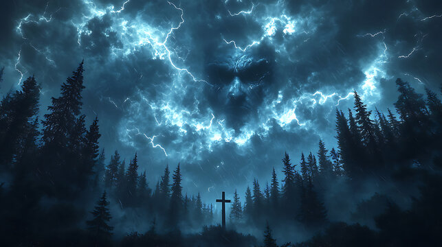 Dark storm clouds with lightning and a face in the sky over a forest and a cross.