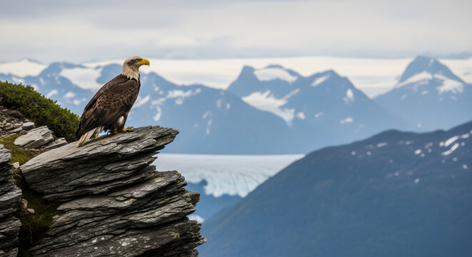 Majestic bald eagle perched on rocky cliff edge.