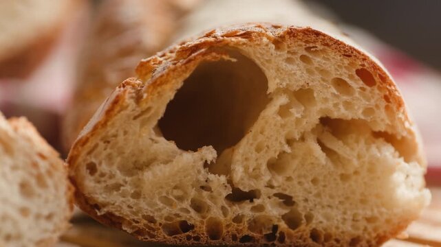 Bread assortment, mixed Spanish baguette loaves from Barcelona bakery, close-up macro shot showing crumb texture