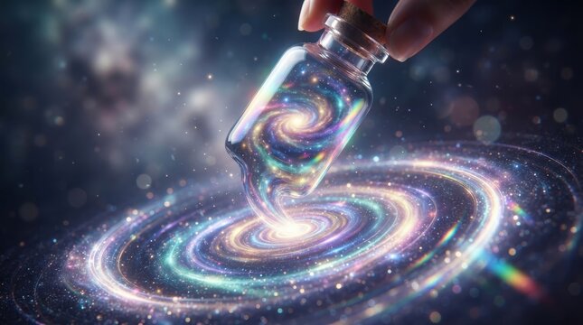Galaxy swirling inside a glass bottle held by a hand