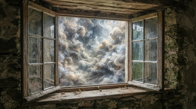 View of abstract swirling clouds through a rustic stone window