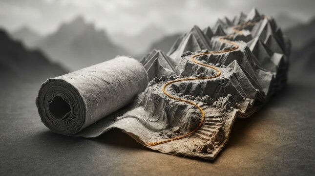 Unrolled paper scroll featuring a 3D topographic mountain landscape