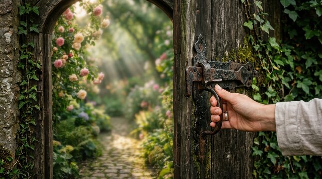 Person opening wooden garden gate to flower path