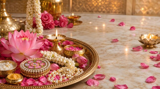 Radha Ashtami Ceremonial Puja Thali Lotus Diya Marble Table Background