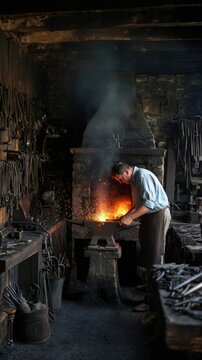 Ultra realistic professional documentary photography inside a traditional blacksmith workshop, blacksmith shaping glowing hot metal on an old anvil