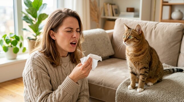 Woman sneezing into a tissue near her cat. Pet allergy concept with a person allergic to cat dander at home. Female sneezing in a living room