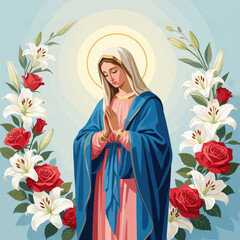 Religious illustration of Virgin Mary praying surrounded by lilies and red roses. Her gentle gaze and folded hands evoke devotion and peace during a solemn celebration of faith.