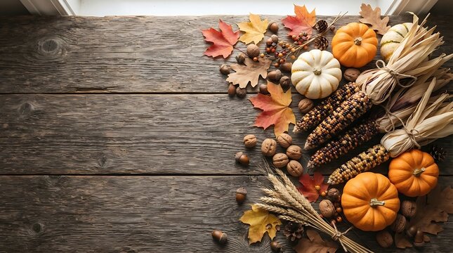 Autumnal harvest display with mini pumpkins and flint corn resting on a rustic wooden table for Thanksgiving celebration with copy space in flat lay still life photography