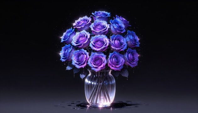 Luminous Blue and Purple Rose Bouquet in Glass Vase