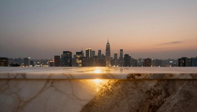 Marble Tabletop Overlooking City Skyline at Sunset