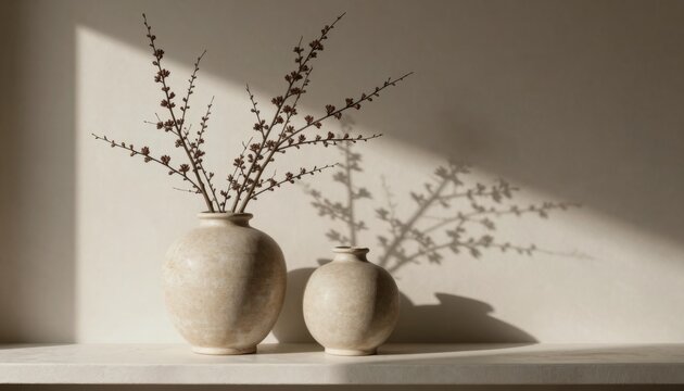 Minimalist Ceramic Vases with Dried Branches on Beige Background