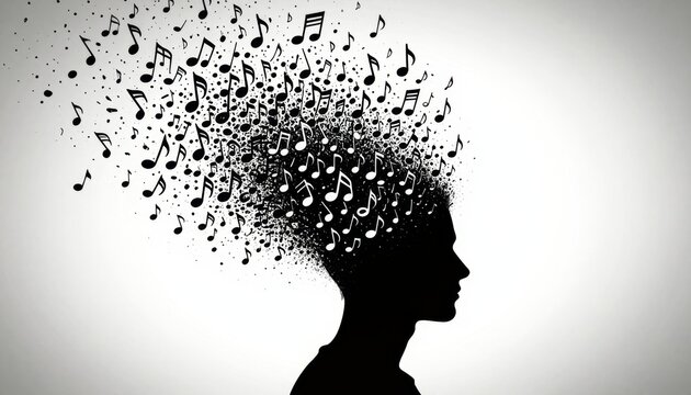 Music Notes Dissolving from Human Profile Silhouette