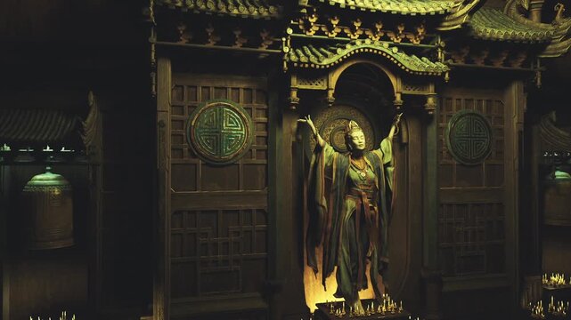 Golden shrine bathed in candlelight showing ornate doorway and carved deity statue, rows of flickering candles on steps, smoky incense haze, warm amber glow,