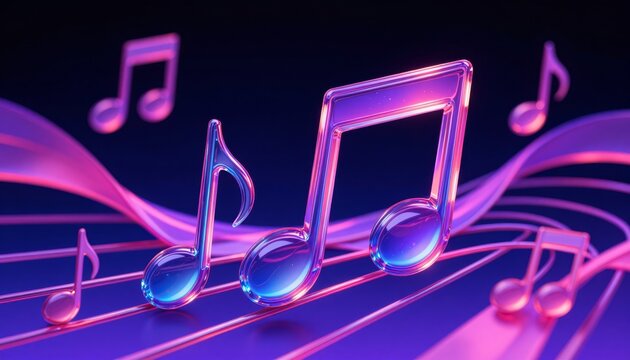 Neon Glass Musical Notes with Abstract Light Waves