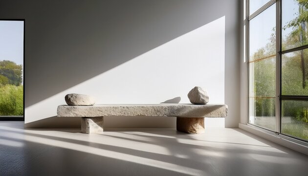 minimalist interior with sunlit stone bench and large windows casting shadows on white walls