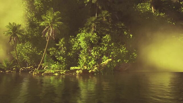 misty tropical riverbank with palm silhouettes, soft golden light and calm water reflections dense foliage and rocky shore partially hidden by rising morning