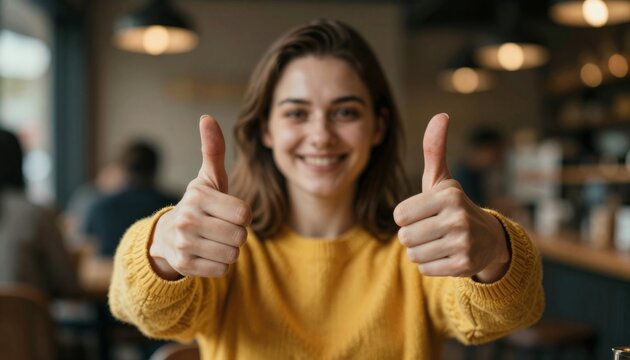 Smiling Young Woman Giving Double Thumbs Up in Cafe