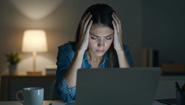 Stressed Young Woman Working Late at Night on Laptop