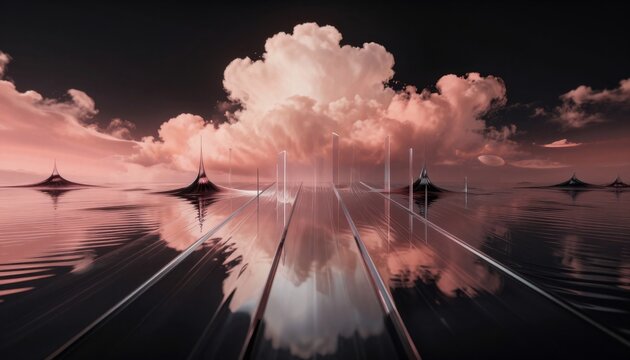 Surreal Abstract Landscape with Glass Monoliths and Reflective Water