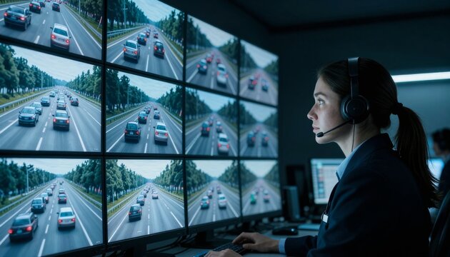 Transportation Operations Center Analyst Monitoring Highway Traffic