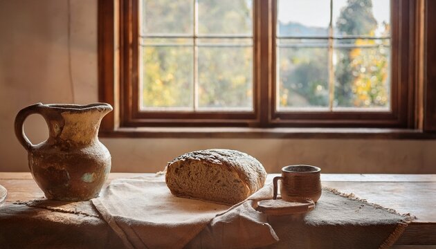 solid oak farmhouse table in a tuscan kitchen with vintage ceramic cup honey pot and torn bread on linen cloth by a window