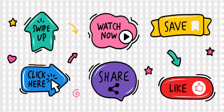 Set of colorful hand-drawn social media stickers with speech bubbles, buttons, arrows and positive messages, bold doodle vector style, isolated on transparent background.