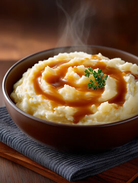 Bowl of mashed potatoes with gravy