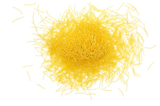 Uncooked durum wheat semolina pasta pile isolated on white background, top view