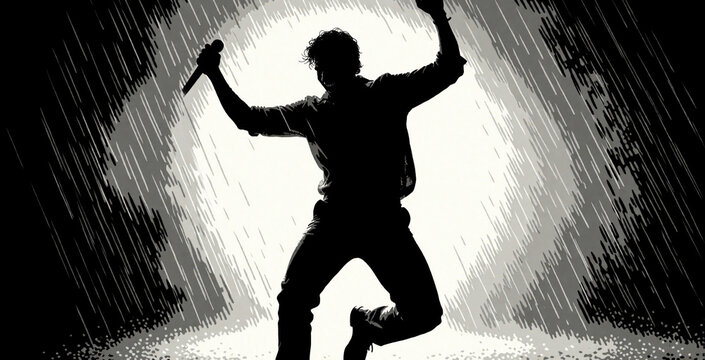 Black, white illustration of man dancing in rain. Male silhouette jumping with microphone during storm night. Singer performs on outdoor stage under heavy downpour. Artistic graphic art express