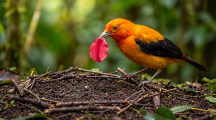 Fototapeta premium Andean Cock-of-the-rock holding a bright pink flower petal in its beak on a forest floor nest., displaying a unique natural courtship behavior in its native ecosystem.