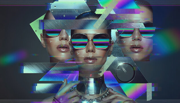 Experimental Cybercore Photo Collage of Woman Wearing Reflective Sunglasses with Glitch Effects, Holographic Geometry