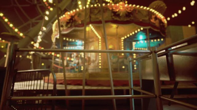 Empty vintage carousel framed by string lights and rusted fence, warm bulbs casting bokeh glow, vacant wooden platform, muted neon accents, moody evening