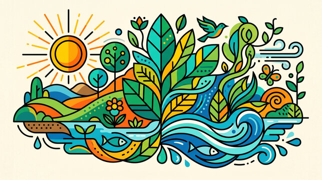 Abstract eco concept featuring leaves, water waves, sun, fish, and wildlife in a bold outline emblem style
