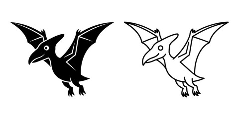 Pterodactyl illustrations in black silhouette and line art styles for prehistoric designs © graphicaestyn