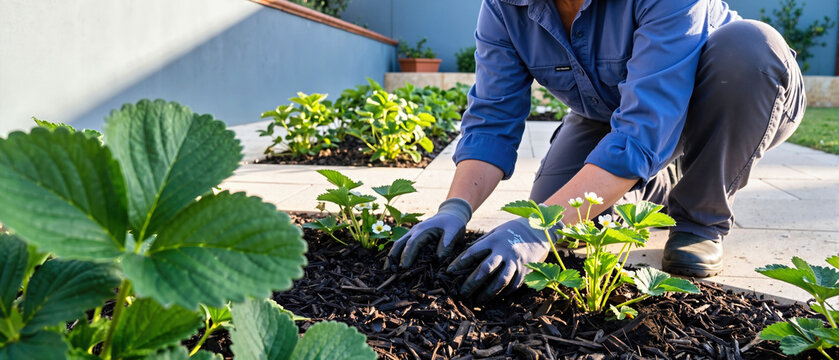 Low angle view of a gardener in a blue shirt and gloves spreading dark organic mulch around young strawberry plants. Woman working in a backyard garden bed on a sunny day, foraging concept