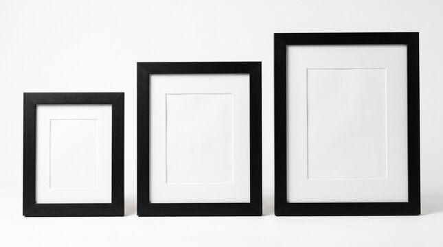 Set of empty black wooden frames arranged in row on white background mockup with displays three black rectangular frames white mats aligned clean white surface