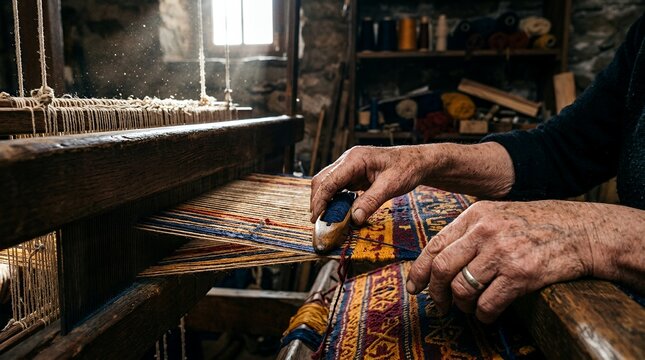Close-up of artisan hands weaving fabric on a loom.